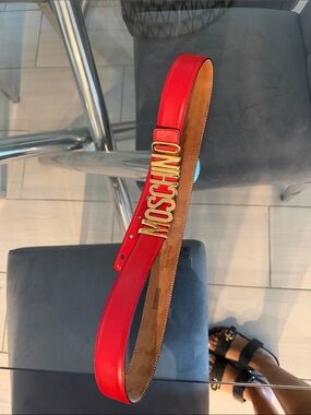 Moschino Red Leather Belt with Gold Logo Buckle